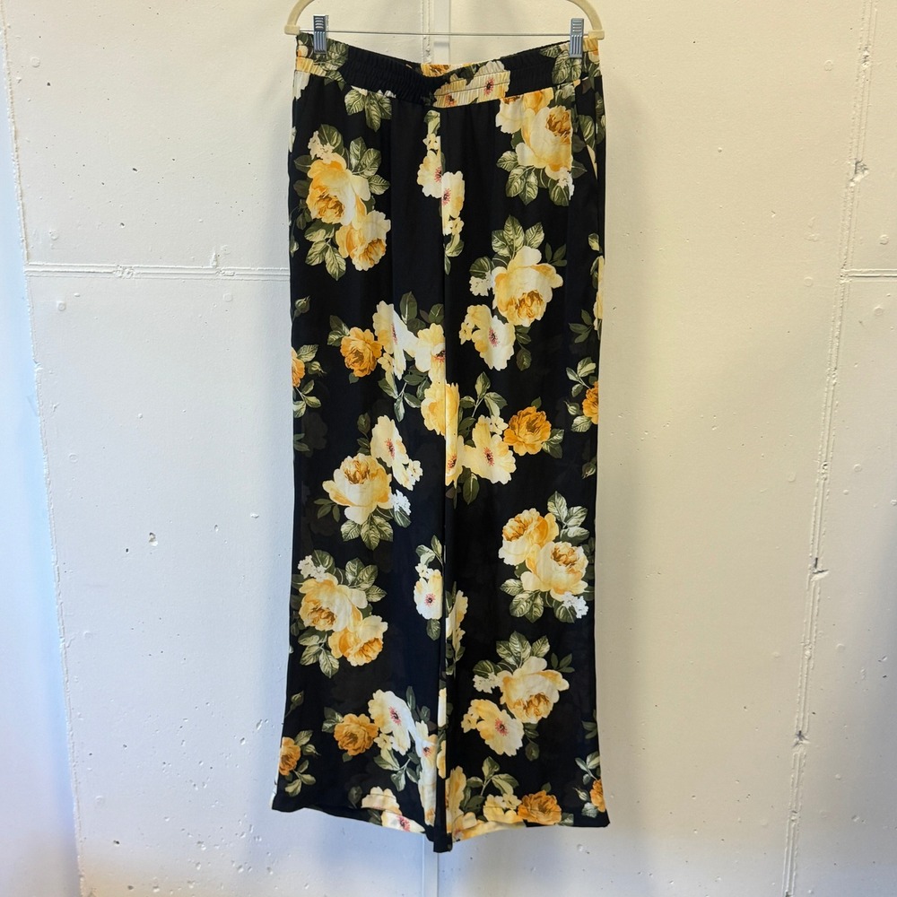 Socialite Floral Wide Leg Pants XL Black Yellow Rose High Rise Chiffon Lined